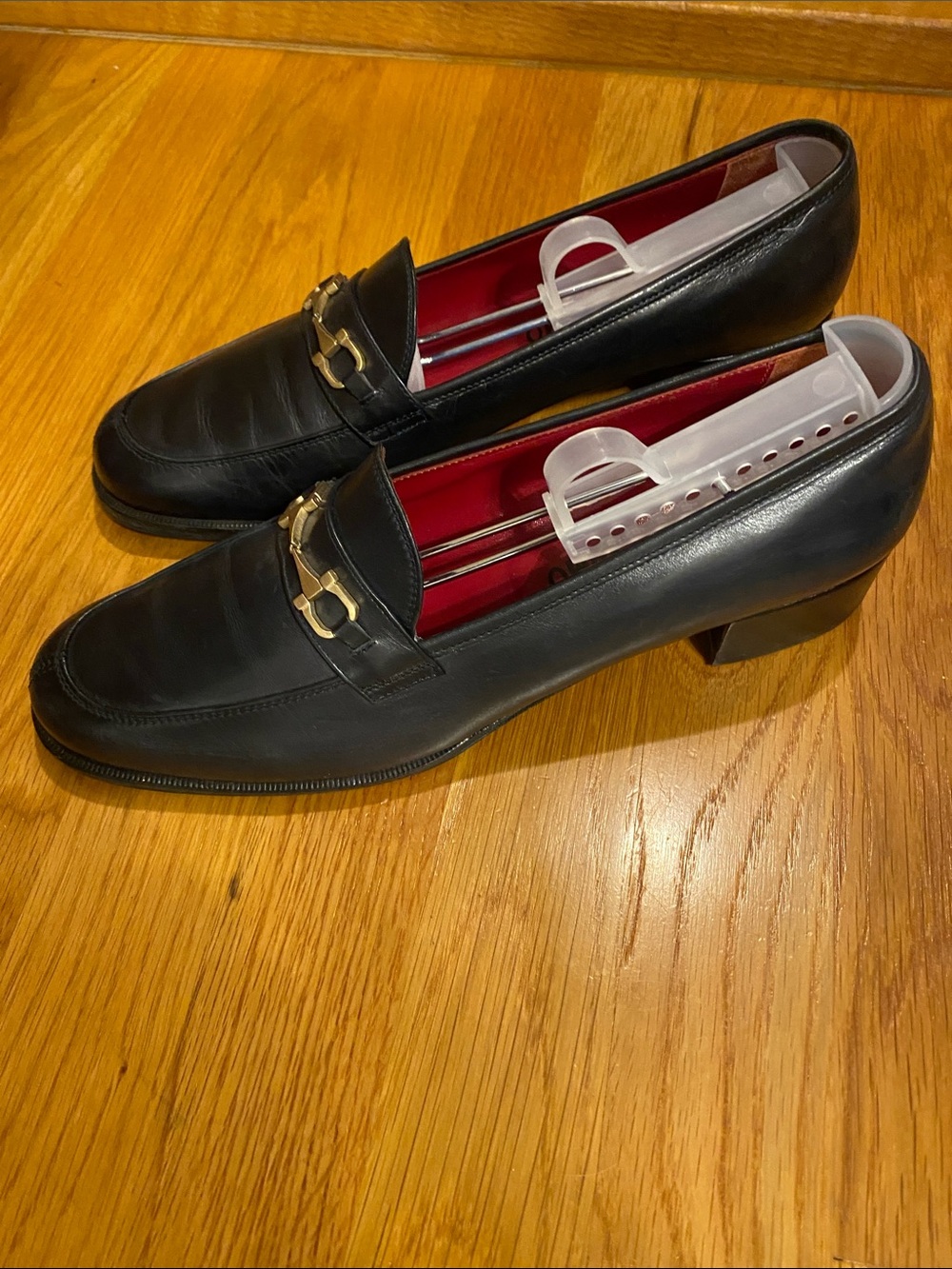 Womens Black Leather Dress Loafers with Gold Accent